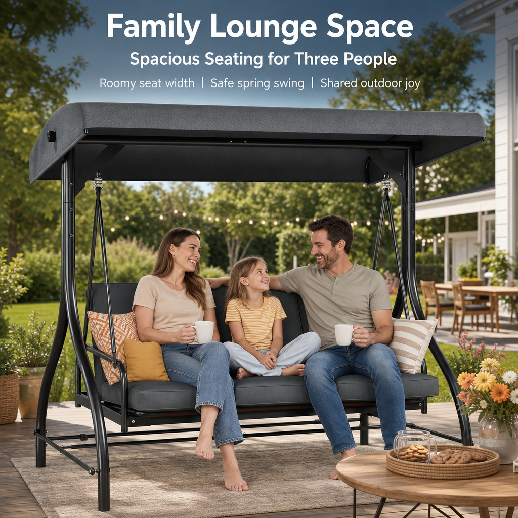 3‑Person Outdoor Patio Swing Chair with Adjustable Canopy, Convertible Swing Bed with Waterproof Cushion & Heavy‑Duty Metal Frame for Garden Backyard Porch
