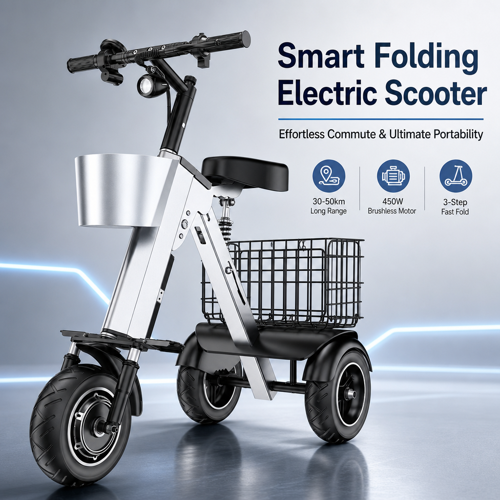 3‑Wheel Folding Electric Scooter, 450W Brushless Motor 30‑50KM Range, Airline Approved Portable E‑Scooter with Storage Basket