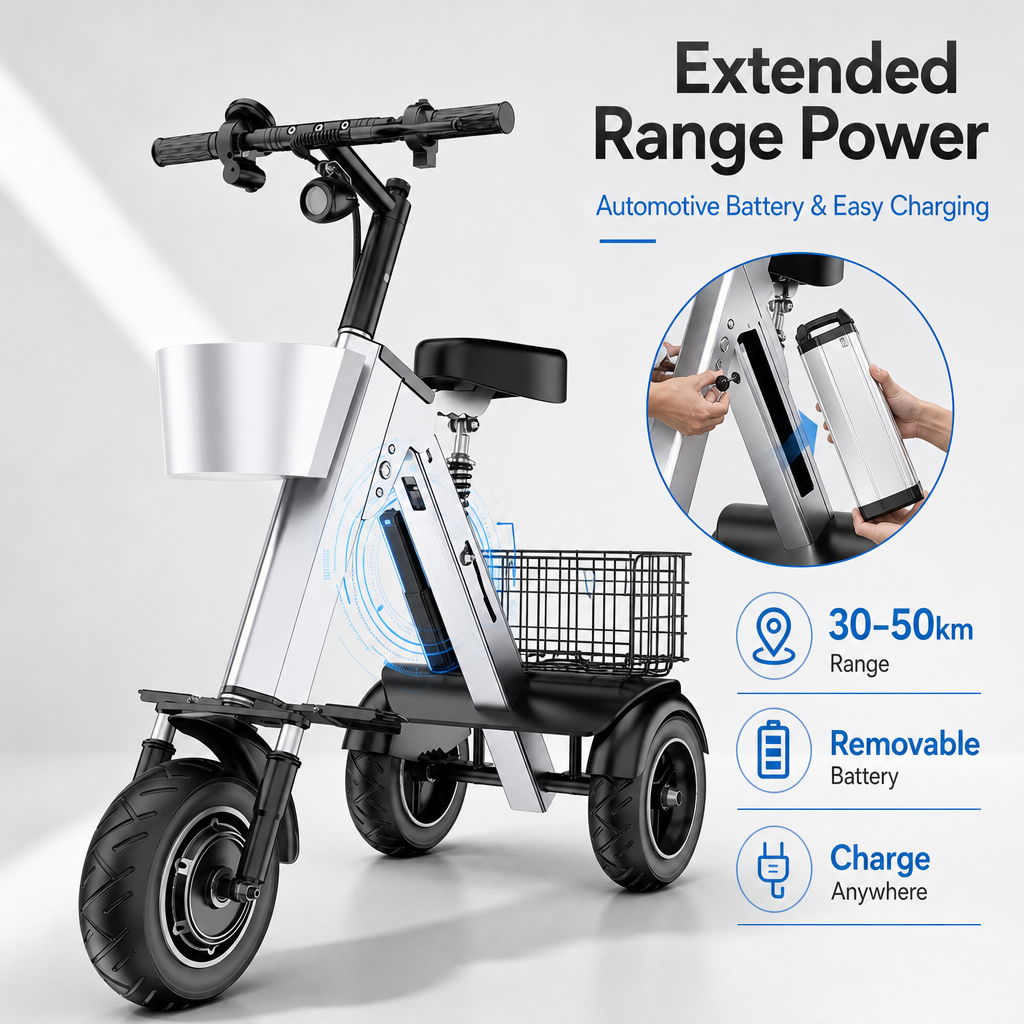 3‑Wheel Folding Electric Scooter, 450W Brushless Motor 30‑50KM Range, Airline Approved Portable E‑Scooter with Storage Basket