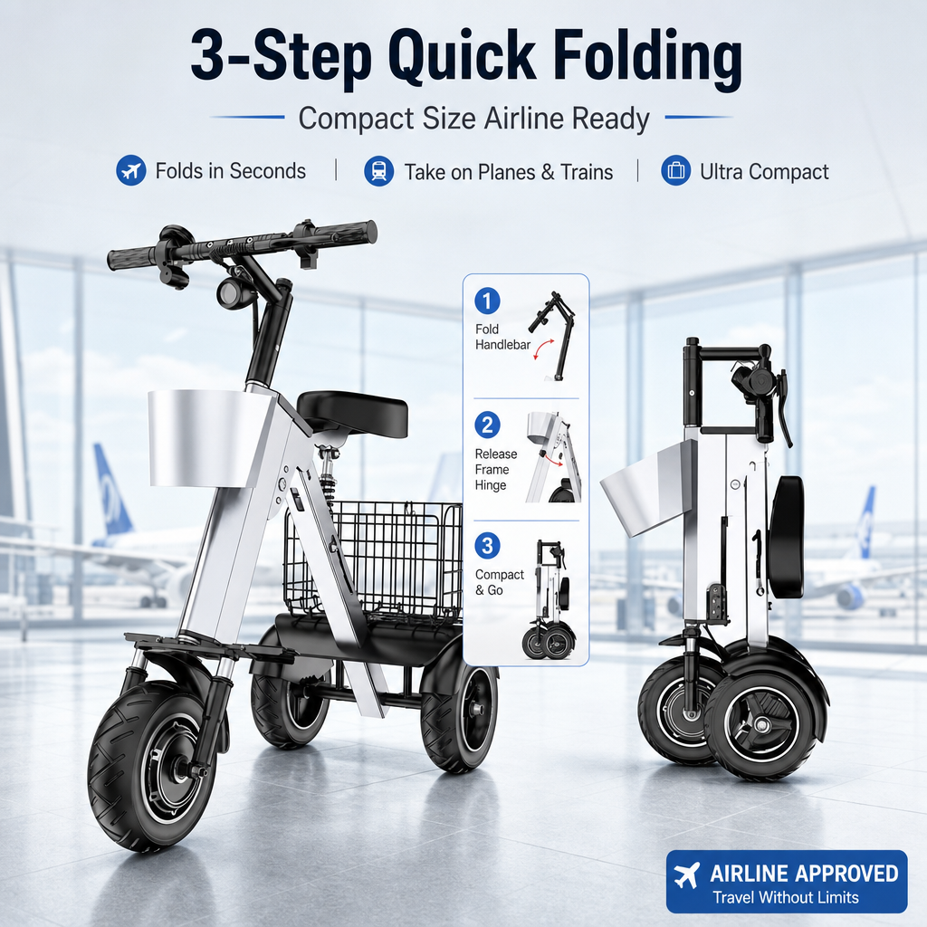 3‑Wheel Folding Electric Scooter, 450W Brushless Motor 30‑50KM Range, Airline Approved Portable E‑Scooter with Storage Basket