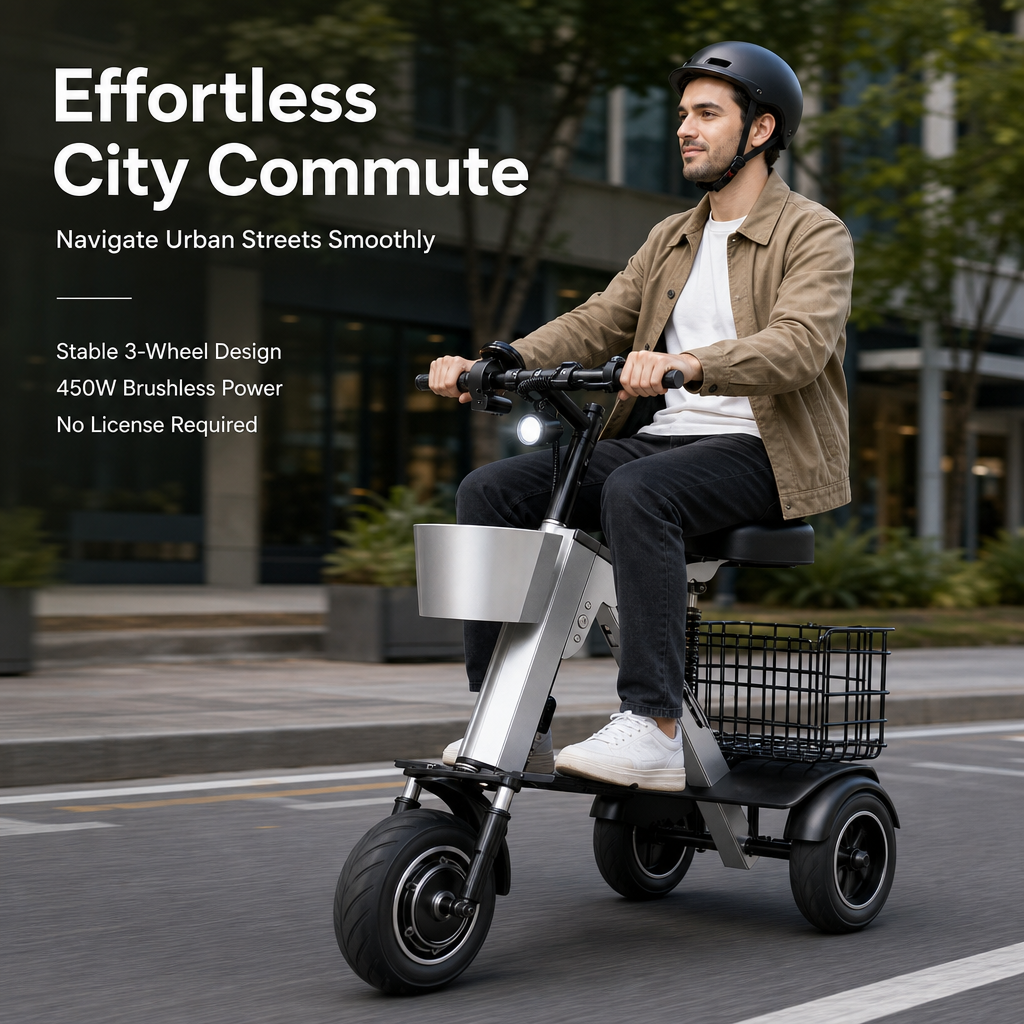 3‑Wheel Folding Electric Scooter, 450W Brushless Motor 30‑50KM Range, Airline Approved Portable E‑Scooter with Storage Basket