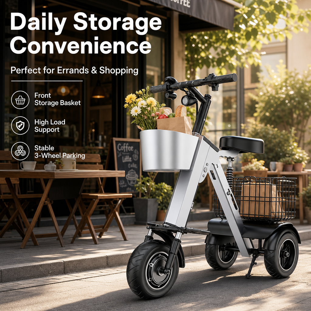 3‑Wheel Folding Electric Scooter, 450W Brushless Motor 30‑50KM Range, Airline Approved Portable E‑Scooter with Storage Basket