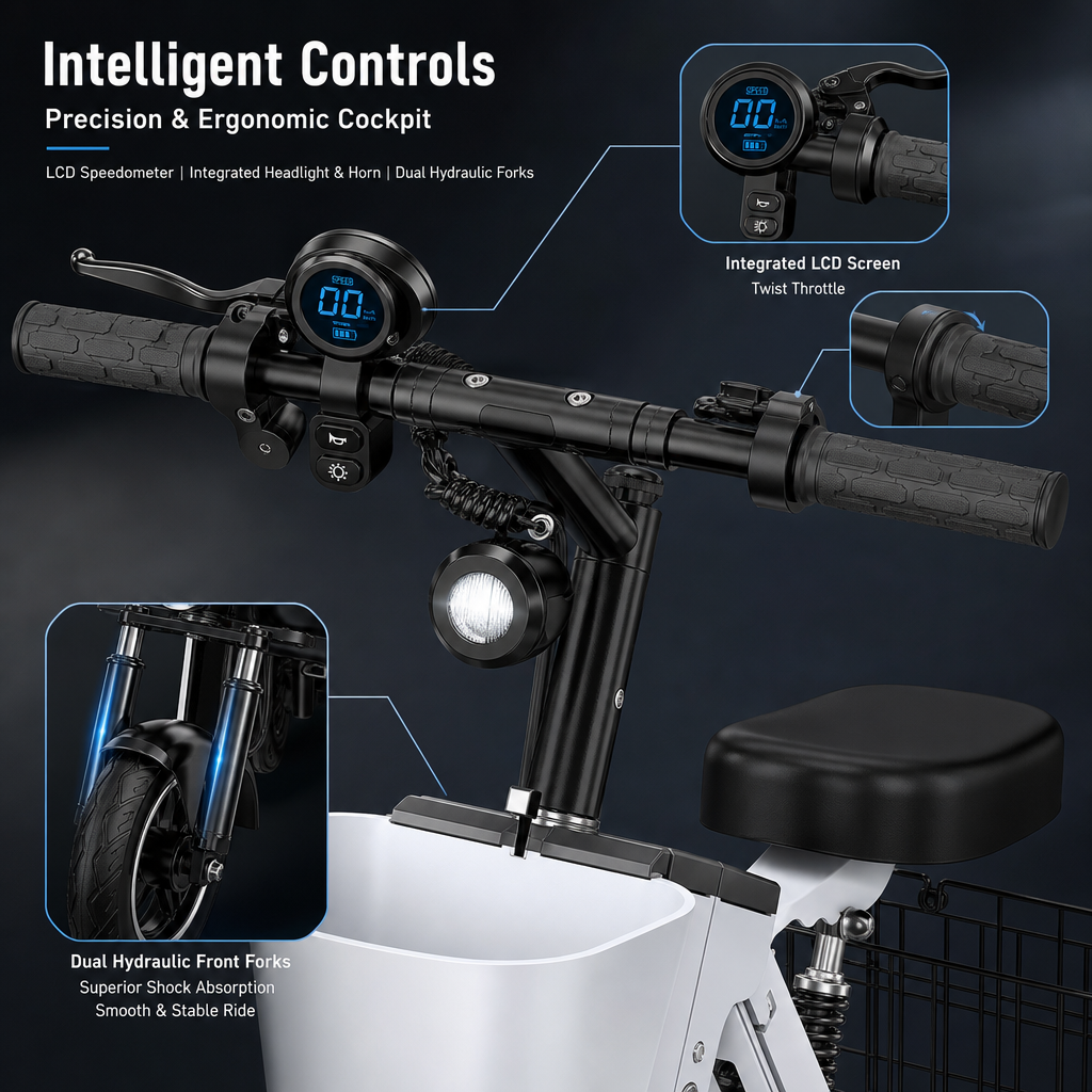 3‑Wheel Folding Electric Scooter, 450W Brushless Motor 30‑50KM Range, Airline Approved Portable E‑Scooter with Storage Basket