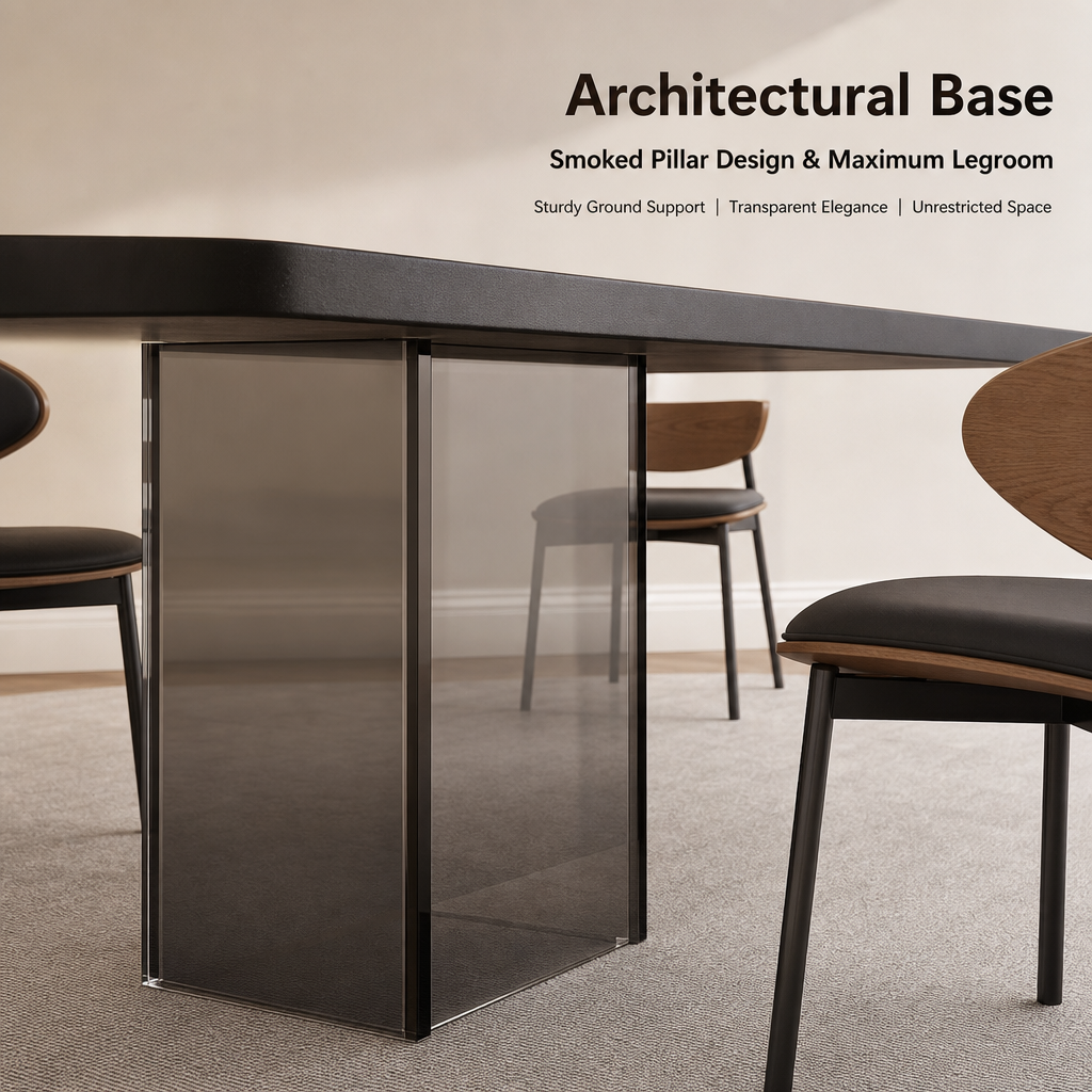 Modern Black Rectangular Dining Table Set with Smoked Acrylic Base, Ergonomic Bentwood Leather Dining Chairs for 6‑Person Family Dining Room