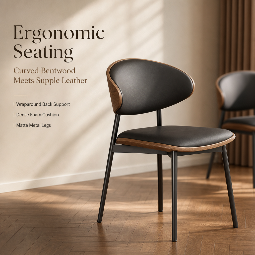 Modern Black Rectangular Dining Table Set with Smoked Acrylic Base, Ergonomic Bentwood Leather Dining Chairs for 6‑Person Family Dining Room