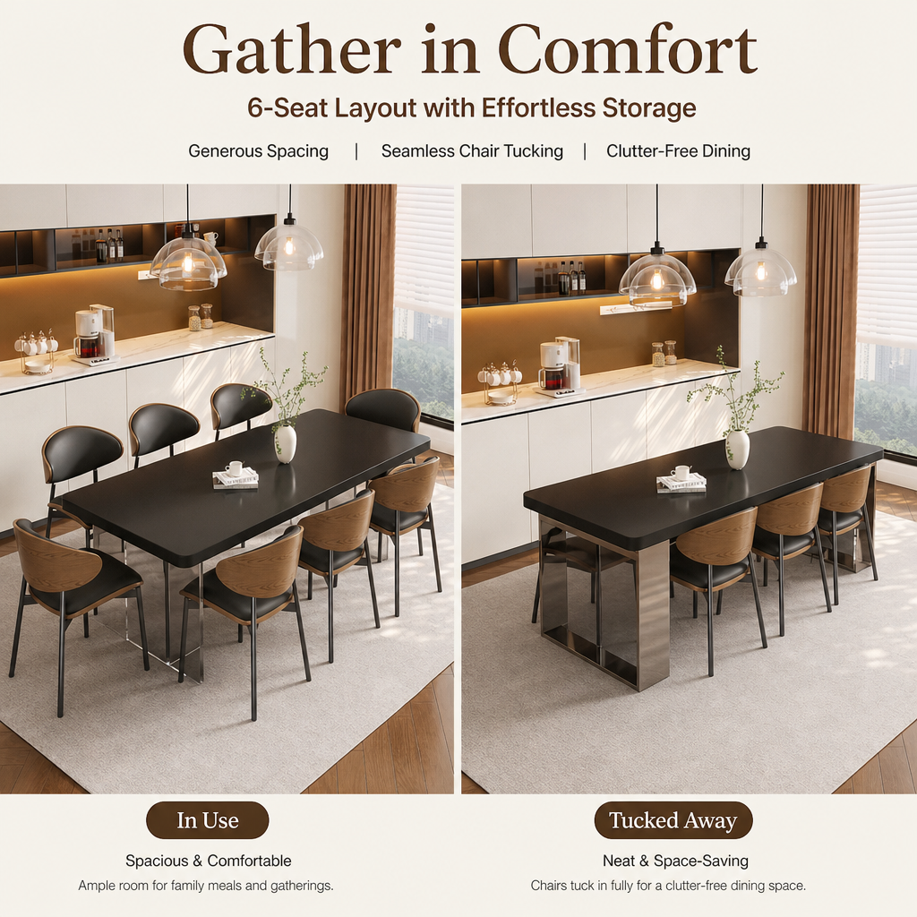Modern Black Rectangular Dining Table Set with Smoked Acrylic Base, Ergonomic Bentwood Leather Dining Chairs for 6‑Person Family Dining Room