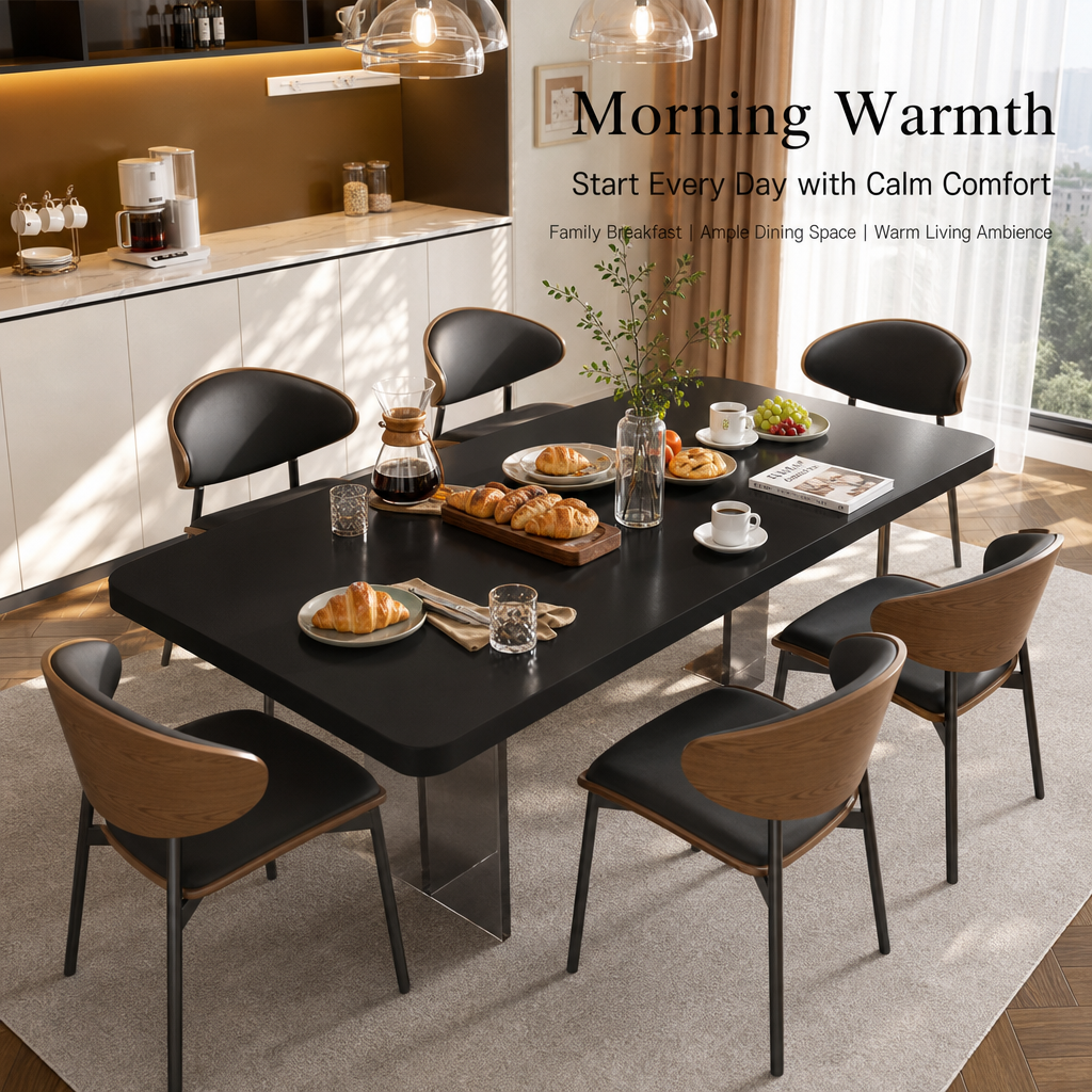 Modern Black Rectangular Dining Table Set with Smoked Acrylic Base, Ergonomic Bentwood Leather Dining Chairs for 6‑Person Family Dining Room