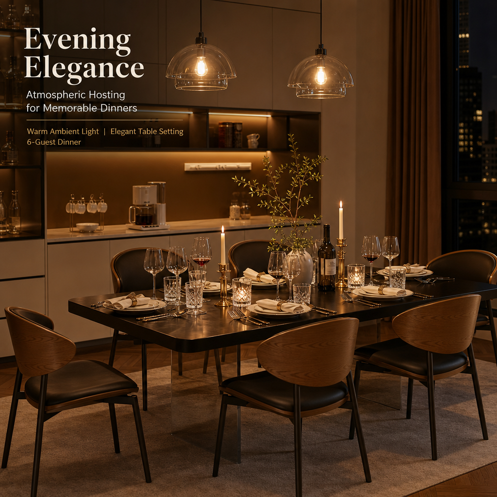 Modern Black Rectangular Dining Table Set with Smoked Acrylic Base, Ergonomic Bentwood Leather Dining Chairs for 6‑Person Family Dining Room