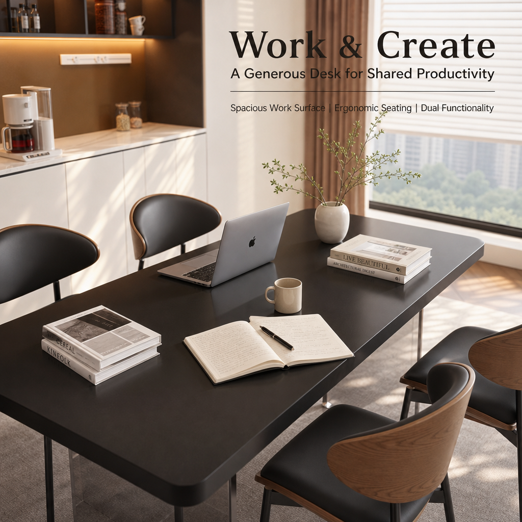 Modern Black Rectangular Dining Table Set with Smoked Acrylic Base, Ergonomic Bentwood Leather Dining Chairs for 6‑Person Family Dining Room