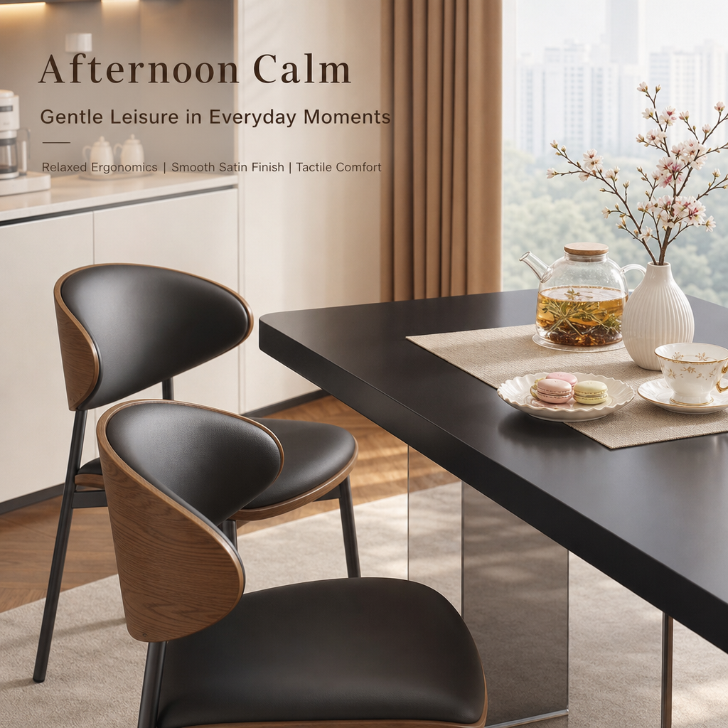 Modern Black Rectangular Dining Table Set with Smoked Acrylic Base, Ergonomic Bentwood Leather Dining Chairs for 6‑Person Family Dining Room