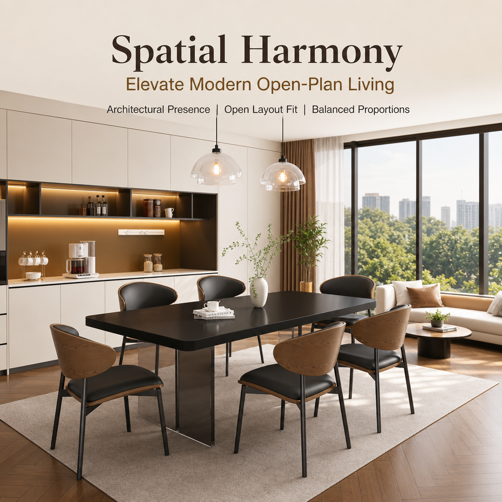 Modern Black Rectangular Dining Table Set with Smoked Acrylic Base, Ergonomic Bentwood Leather Dining Chairs for 6‑Person Family Dining Room