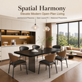 Modern Black Rectangular Dining Table Set with Smoked Acrylic Base, Ergonomic Bentwood Leather Dining Chairs for 6‑Person Family Dining Room