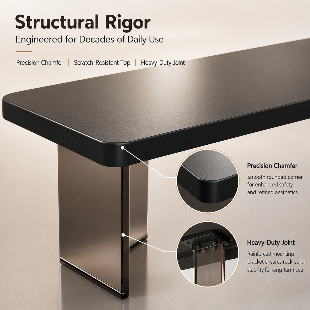 Modern Black Rectangular Dining Table Set with Smoked Acrylic Base, Ergonomic Bentwood Leather Dining Chairs for 6‑Person Family Dining Room