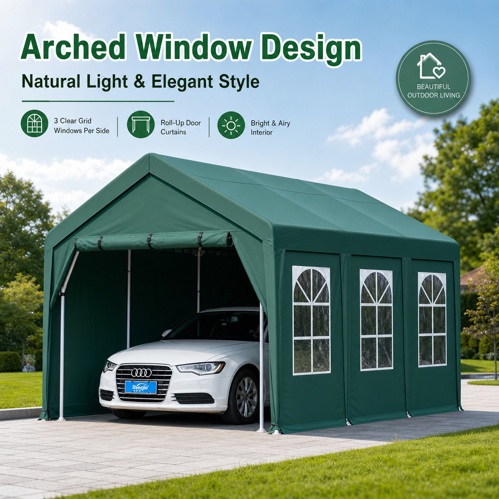 Heavy‑Duty All‑Weather Carport Shelter, 360° Fully Enclosed Portable Garage with Waterproof UV‑Proof Oxford Fabric & Reinforced Steel Frame, Quick DIY Setup with Arched Window for Car Storage
