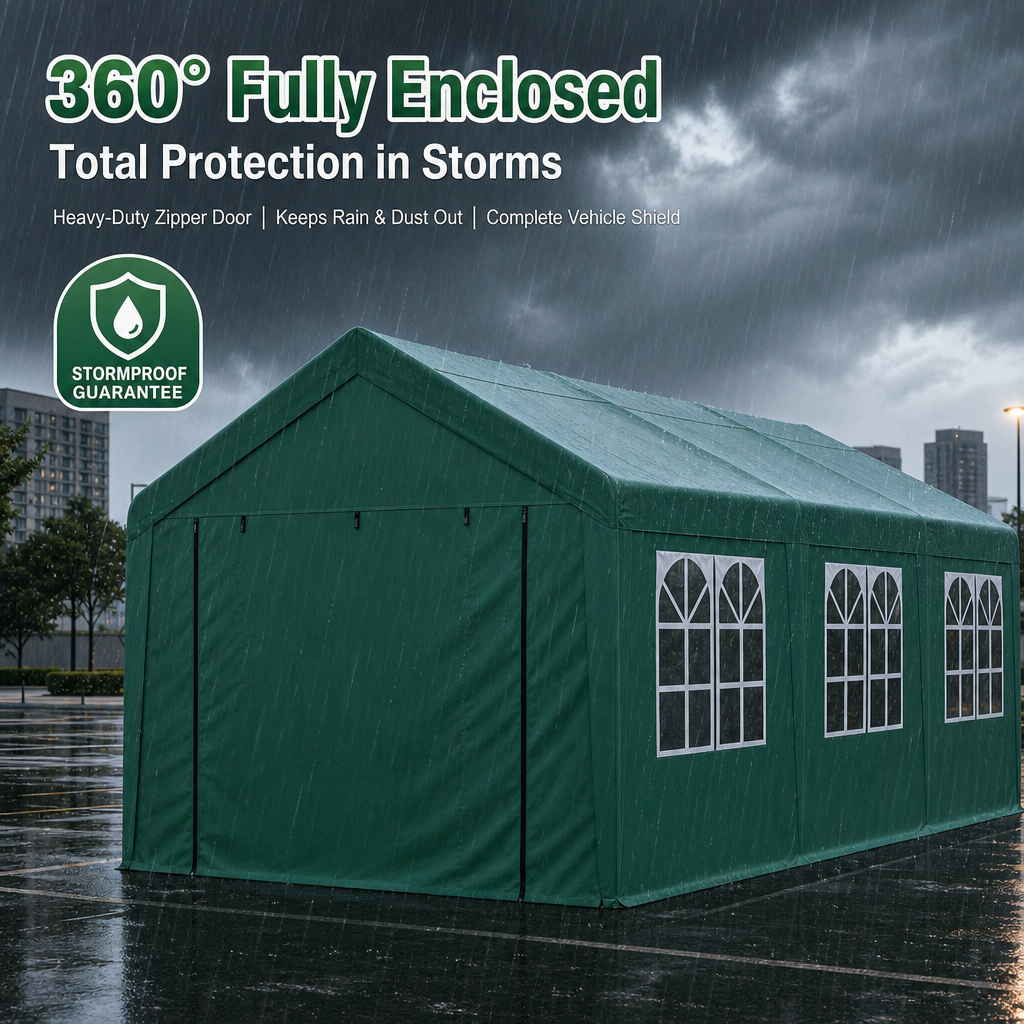 Heavy‑Duty All‑Weather Carport Shelter, 360° Fully Enclosed Portable Garage with Waterproof UV‑Proof Oxford Fabric & Reinforced Steel Frame, Quick DIY Setup with Arched Window for Car Storage