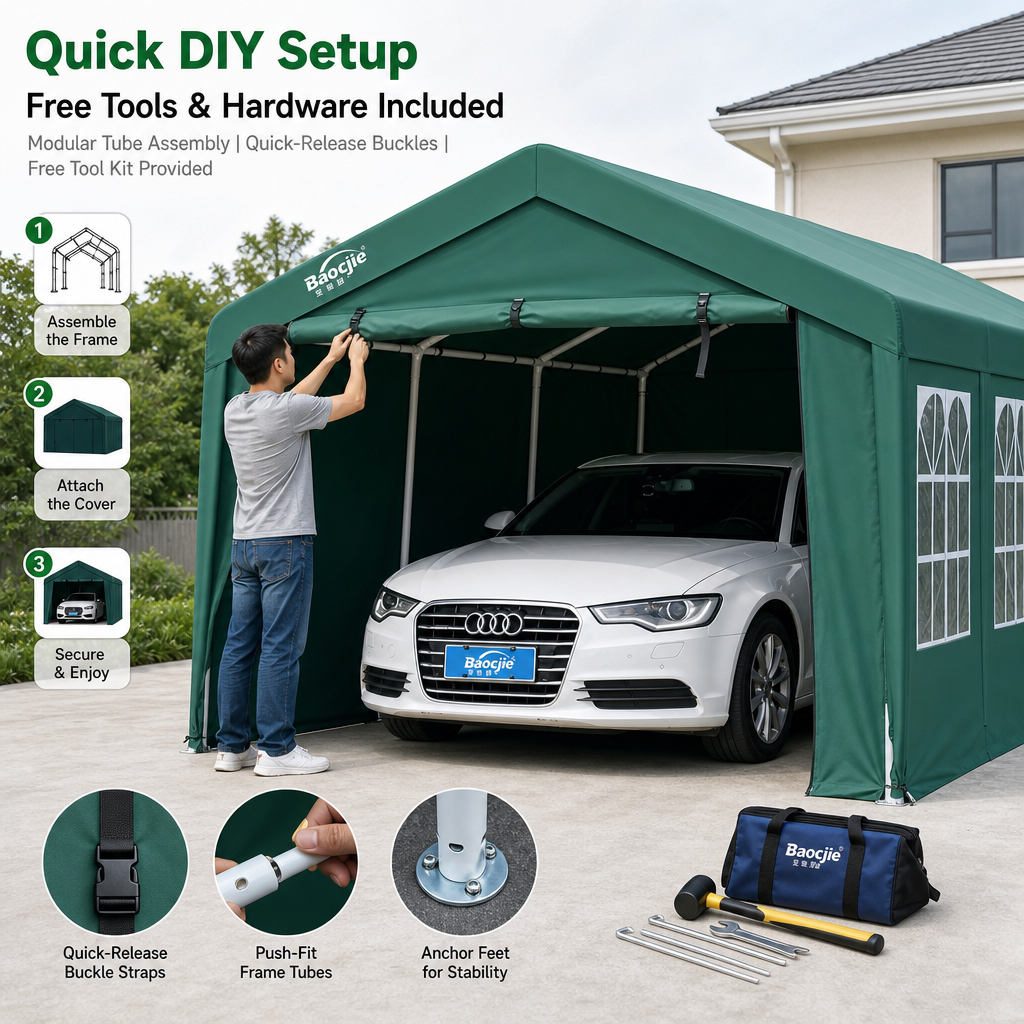 Heavy‑Duty All‑Weather Carport Shelter, 360° Fully Enclosed Portable Garage with Waterproof UV‑Proof Oxford Fabric & Reinforced Steel Frame, Quick DIY Setup with Arched Window for Car Storage
