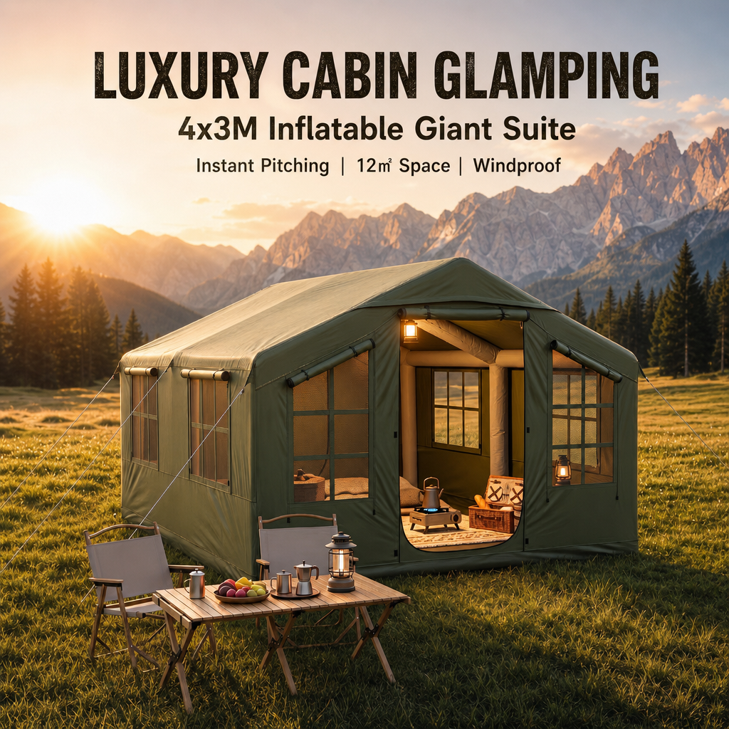 4×3M Luxury Inflatable Glamping Cabin Tent, 12m² Spacious Air Tube Camping Tent, 5‑8 Person Waterproof Wind‑Resistant Instant Setup House Tent for Outdoor Family Camping