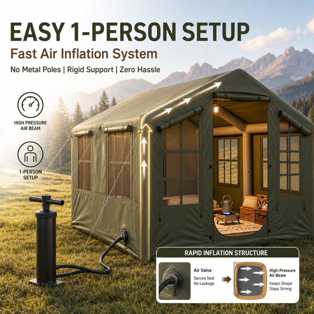 4×3M Luxury Inflatable Glamping Cabin Tent, 12m² Spacious Air Tube Camping Tent, 5‑8 Person Waterproof Wind‑Resistant Instant Setup House Tent for Outdoor Family Camping