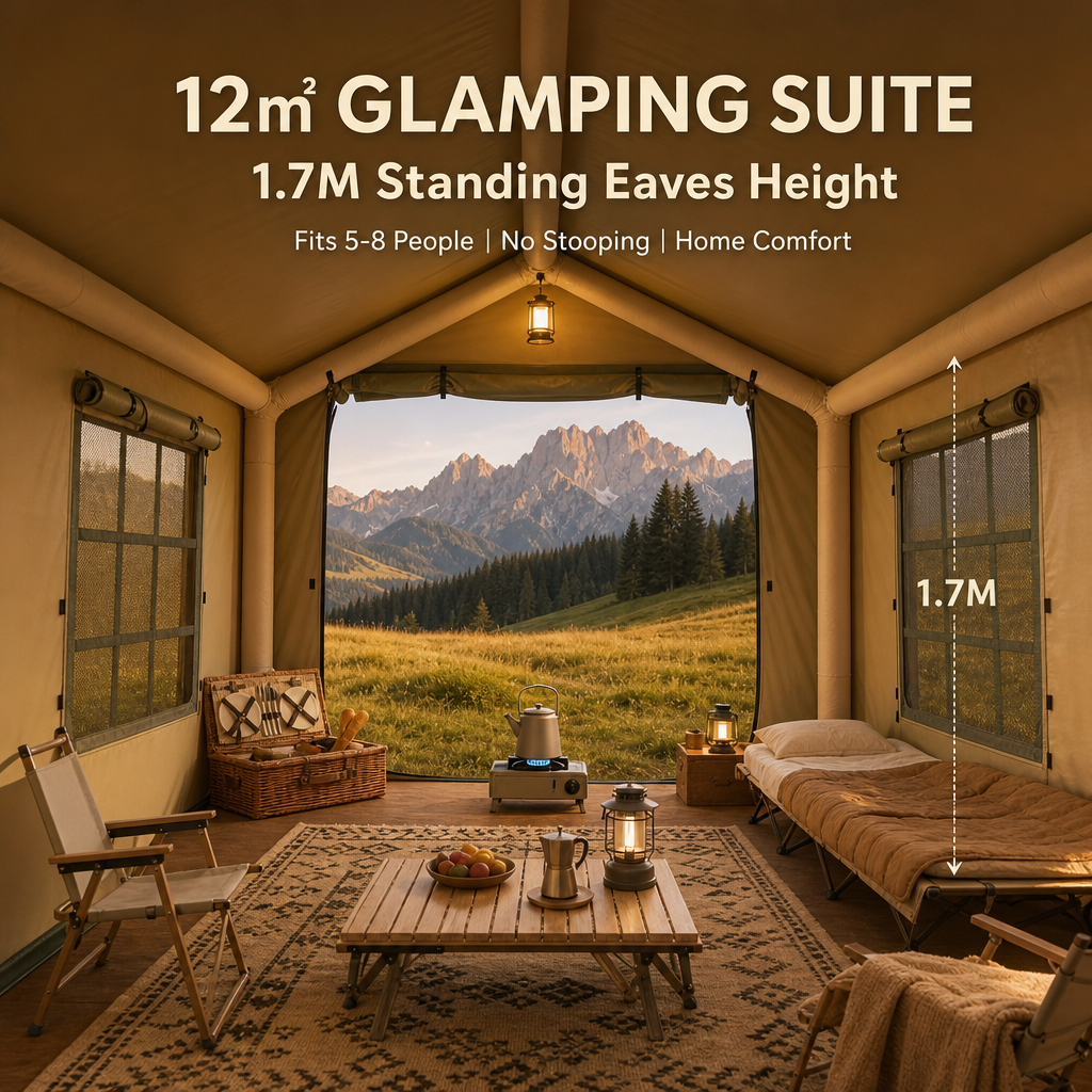 4×3M Luxury Inflatable Glamping Cabin Tent, 12m² Spacious Air Tube Camping Tent, 5‑8 Person Waterproof Wind‑Resistant Instant Setup House Tent for Outdoor Family Camping