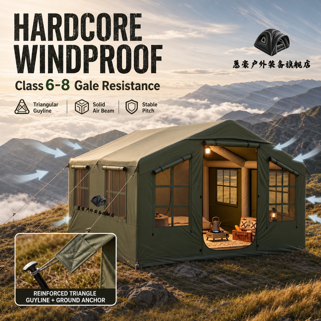 4×3M Luxury Inflatable Glamping Cabin Tent, 12m² Spacious Air Tube Camping Tent, 5‑8 Person Waterproof Wind‑Resistant Instant Setup House Tent for Outdoor Family Camping