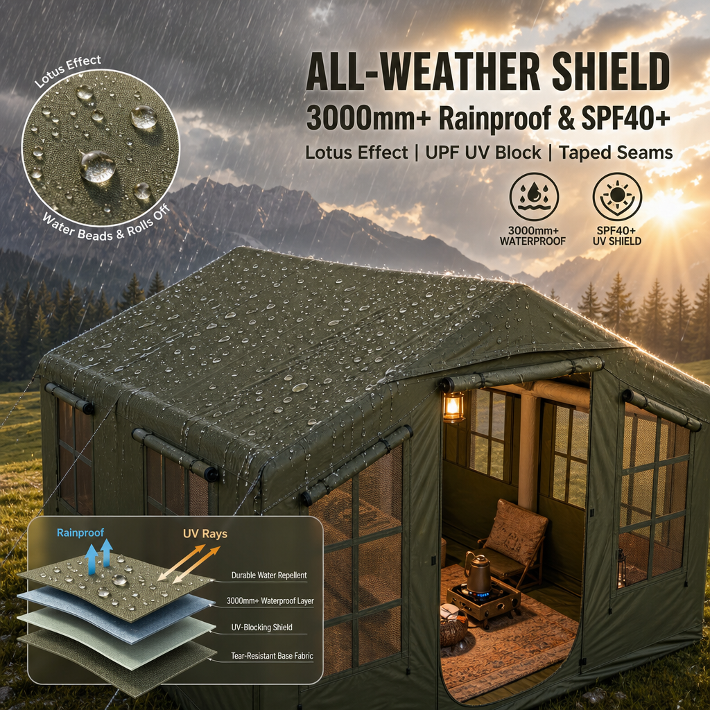 4×3M Luxury Inflatable Glamping Cabin Tent, 12m² Spacious Air Tube Camping Tent, 5‑8 Person Waterproof Wind‑Resistant Instant Setup House Tent for Outdoor Family Camping