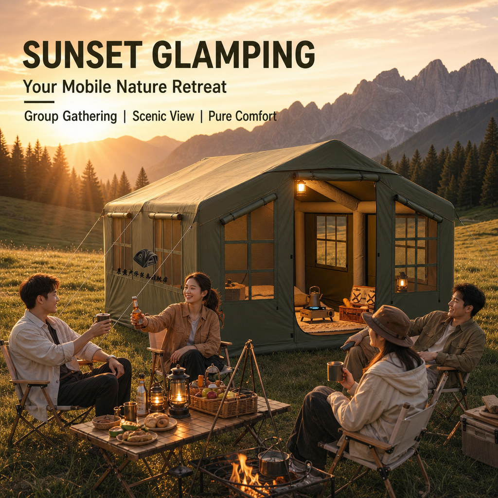 4×3M Luxury Inflatable Glamping Cabin Tent, 12m² Spacious Air Tube Camping Tent, 5‑8 Person Waterproof Wind‑Resistant Instant Setup House Tent for Outdoor Family Camping