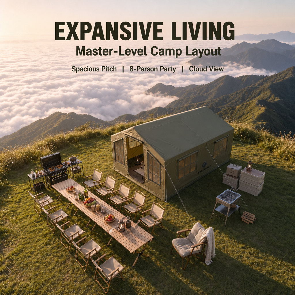 4×3M Luxury Inflatable Glamping Cabin Tent, 12m² Spacious Air Tube Camping Tent, 5‑8 Person Waterproof Wind‑Resistant Instant Setup House Tent for Outdoor Family Camping