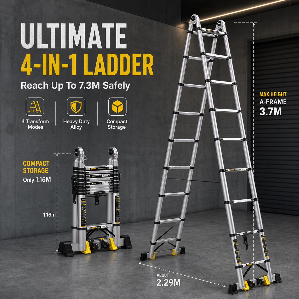 4‑in‑1 Multi‑Mode Telescopic Aluminium Ladder, 7.3M Max Extension Folding Transformable Ladder with Transport Wheels, 150KG Heavy Duty Portable Step Ladder for Home & Commercial Work