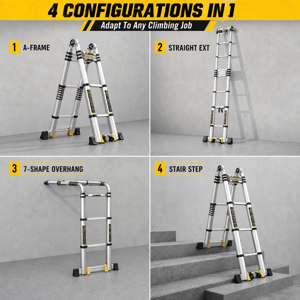 4‑in‑1 Multi‑Mode Telescopic Aluminium Ladder, 7.3M Max Extension Folding Transformable Ladder with Transport Wheels, 150KG Heavy Duty Portable Step Ladder for Home & Commercial Work