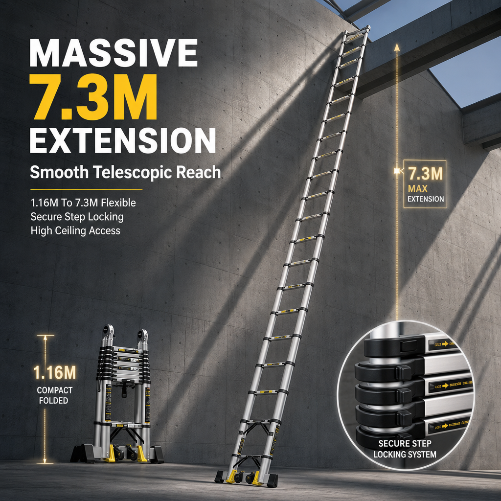 4‑in‑1 Multi‑Mode Telescopic Aluminium Ladder, 7.3M Max Extension Folding Transformable Ladder with Transport Wheels, 150KG Heavy Duty Portable Step Ladder for Home & Commercial Work