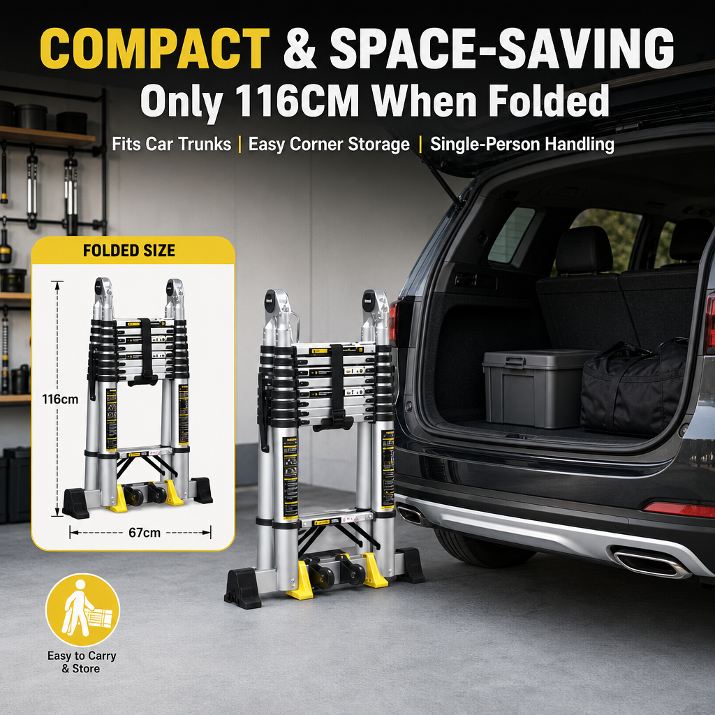 4‑in‑1 Multi‑Mode Telescopic Aluminium Ladder, 7.3M Max Extension Folding Transformable Ladder with Transport Wheels, 150KG Heavy Duty Portable Step Ladder for Home & Commercial Work