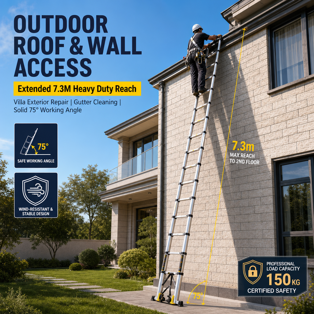 4‑in‑1 Multi‑Mode Telescopic Aluminium Ladder, 7.3M Max Extension Folding Transformable Ladder with Transport Wheels, 150KG Heavy Duty Portable Step Ladder for Home & Commercial Work