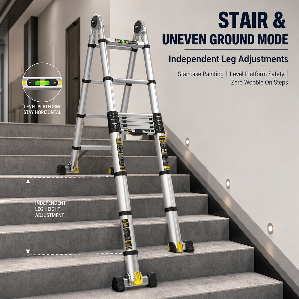 4‑in‑1 Multi‑Mode Telescopic Aluminium Ladder, 7.3M Max Extension Folding Transformable Ladder with Transport Wheels, 150KG Heavy Duty Portable Step Ladder for Home & Commercial Work