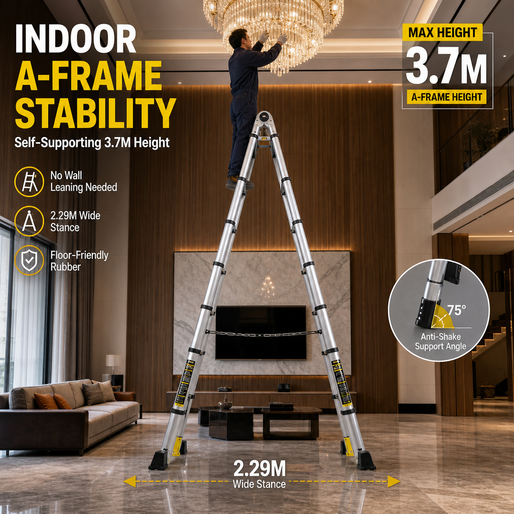 4‑in‑1 Multi‑Mode Telescopic Aluminium Ladder, 7.3M Max Extension Folding Transformable Ladder with Transport Wheels, 150KG Heavy Duty Portable Step Ladder for Home & Commercial Work