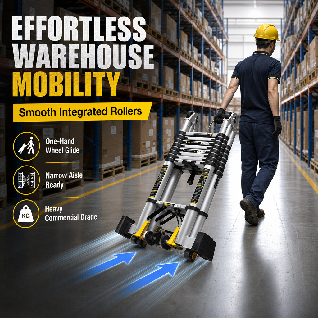 4‑in‑1 Multi‑Mode Telescopic Aluminium Ladder, 7.3M Max Extension Folding Transformable Ladder with Transport Wheels, 150KG Heavy Duty Portable Step Ladder for Home & Commercial Work