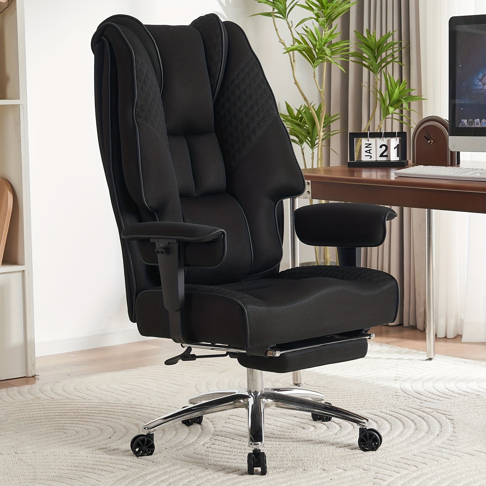 High Back PU Leather Executive Office Chair, 90‑145° Reclining Desk Chair with Retractable Footrest & Spring Cushion, Adjustable Armrest Computer Chair for Home Office