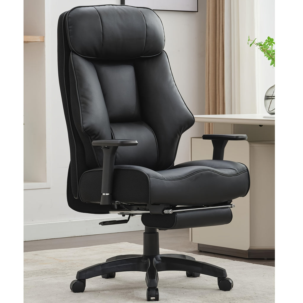 High Back PU Leather Executive Office Chair, 90‑145° Reclining Desk Chair with Retractable Footrest & Spring Cushion, Adjustable Armrest Computer Chair for Home Office