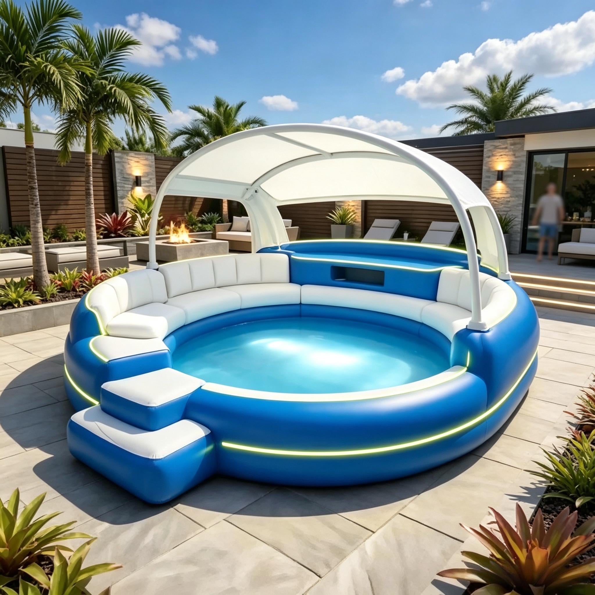 4‑7 Person Premium Inflatable Circular Hot Tub Spa, Outdoor Inflatable Spa with Foldable Canopy, LED Ambient Lighting, Built‑in Seats & Drink Bar, Electric Air Pump for Backyard Gatherings