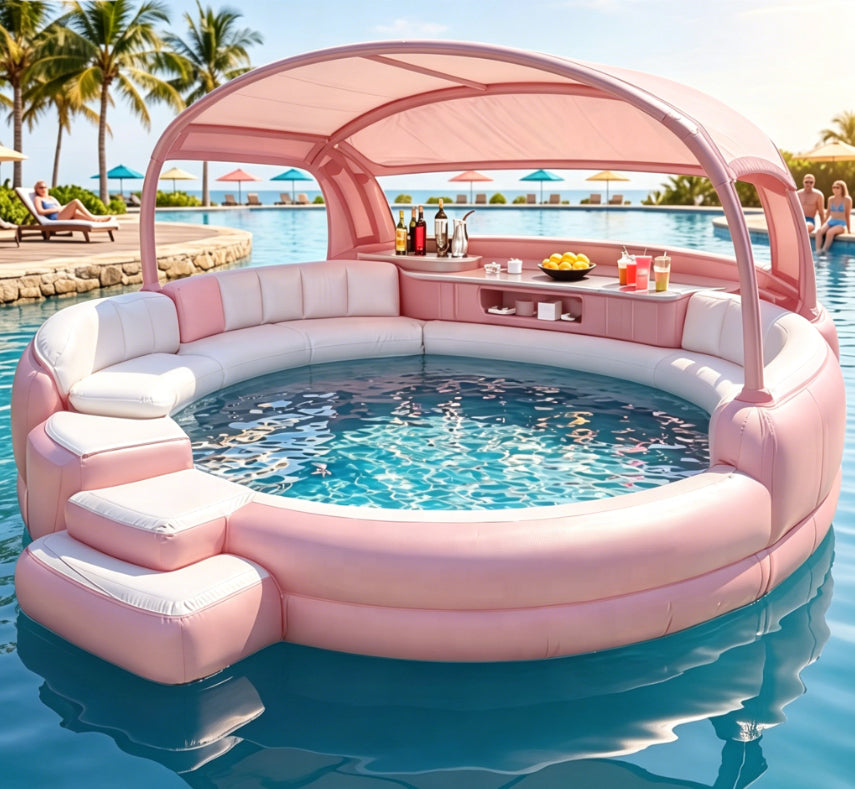 4‑7 Person Premium Inflatable Circular Hot Tub Spa, Outdoor Inflatable Spa with Foldable Canopy, LED Ambient Lighting, Built‑in Seats & Drink Bar, Electric Air Pump for Backyard Gatherings