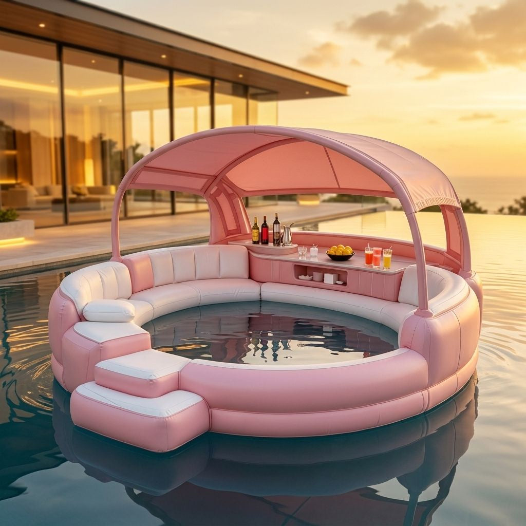 4‑7 Person Premium Inflatable Circular Hot Tub Spa, Outdoor Inflatable Spa with Foldable Canopy, LED Ambient Lighting, Built‑in Seats & Drink Bar, Electric Air Pump for Backyard Gatherings
