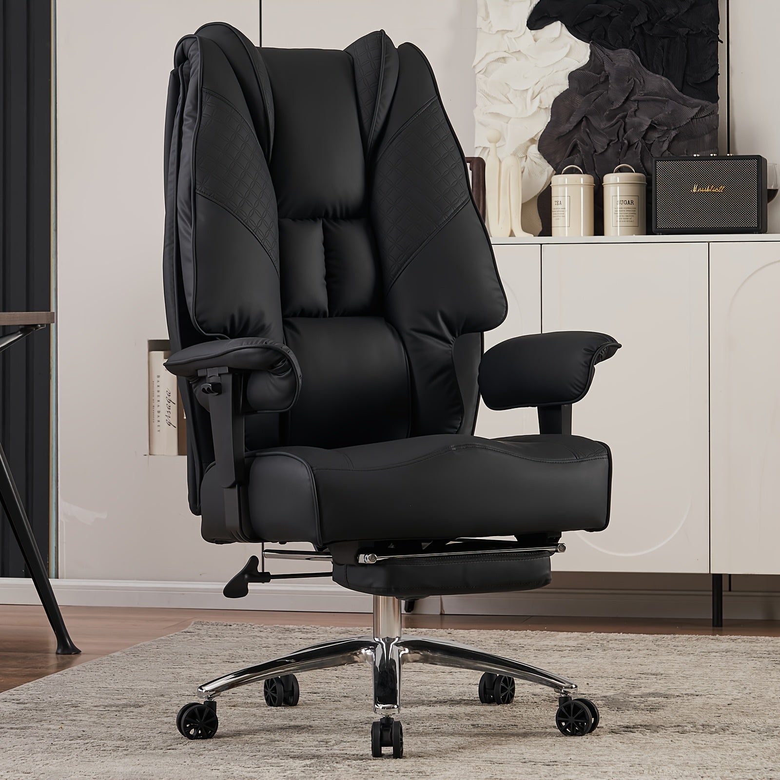 High Back PU Leather Executive Office Chair, 90‑145° Reclining Desk Chair with Retractable Footrest & Spring Cushion, Adjustable Armrest Computer Chair for Home Office
