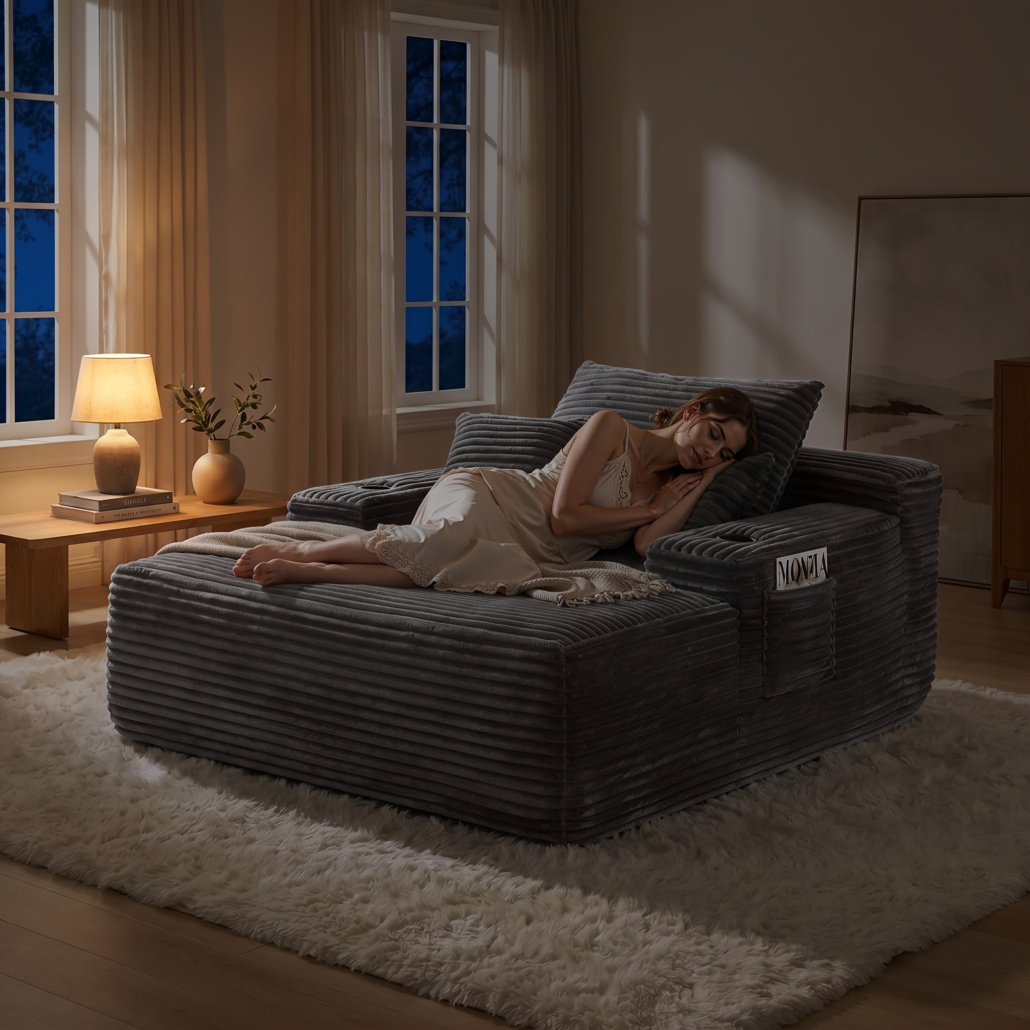 Oversized Corduroy Chaise Lounge Sofa, Pocket Spring Support Large Single Lazy Sofa for Living Room