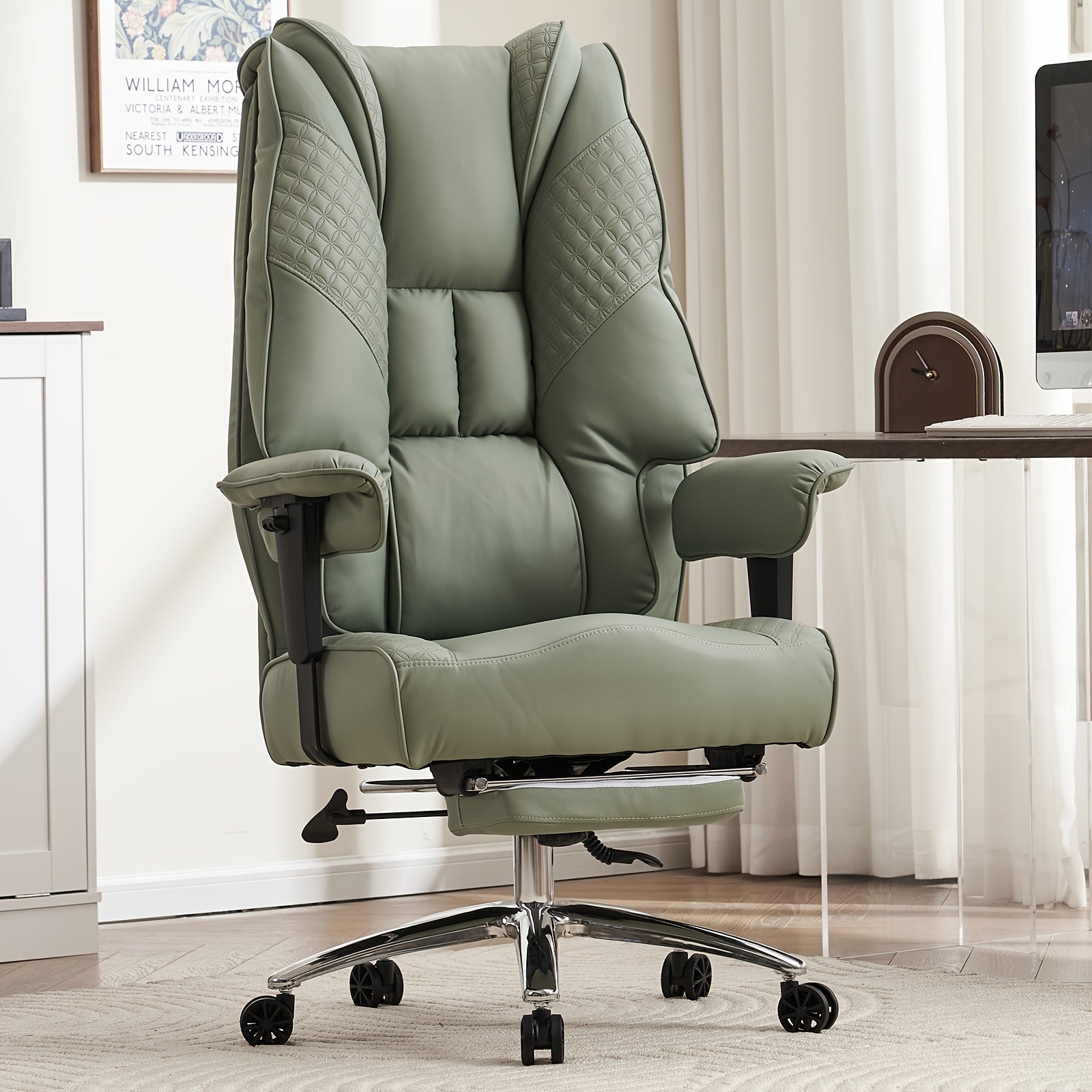 High Back PU Leather Executive Office Chair, 90‑145° Reclining Desk Chair with Retractable Footrest & Spring Cushion, Adjustable Armrest Computer Chair for Home Office