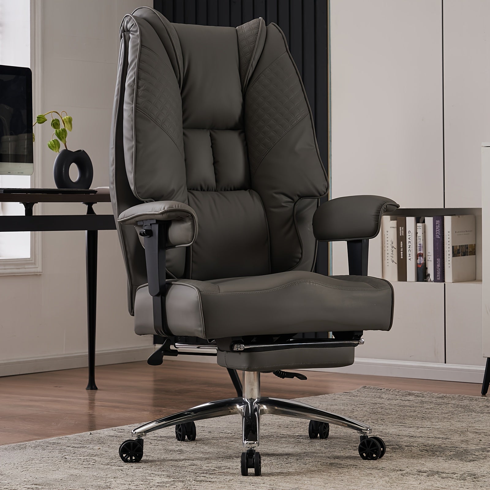 High Back PU Leather Executive Office Chair, 90‑145° Reclining Desk Chair with Retractable Footrest & Spring Cushion, Adjustable Armrest Computer Chair for Home Office