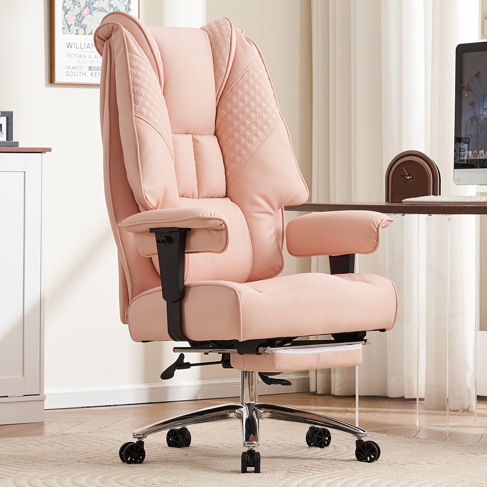 High Back PU Leather Executive Office Chair, 90‑145° Reclining Desk Chair with Retractable Footrest & Spring Cushion, Adjustable Armrest Computer Chair for Home Office