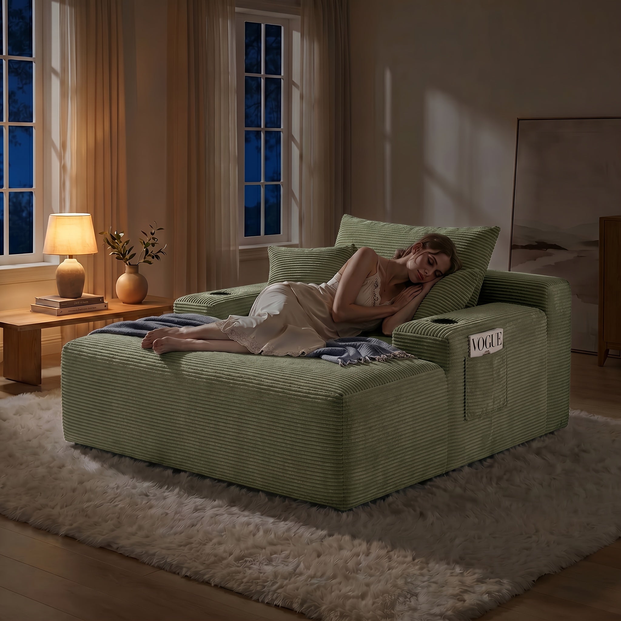 Oversized Corduroy Chaise Lounge Sofa, Pocket Spring Support Large Single Lazy Sofa for Living Room