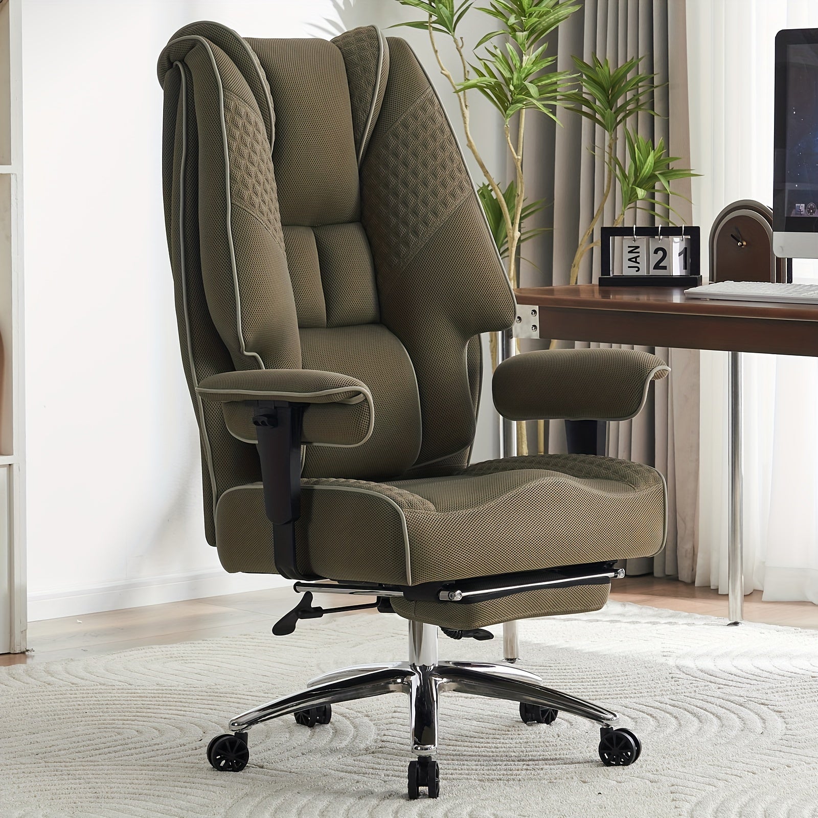 High Back PU Leather Executive Office Chair, 90‑145° Reclining Desk Chair with Retractable Footrest & Spring Cushion, Adjustable Armrest Computer Chair for Home Office