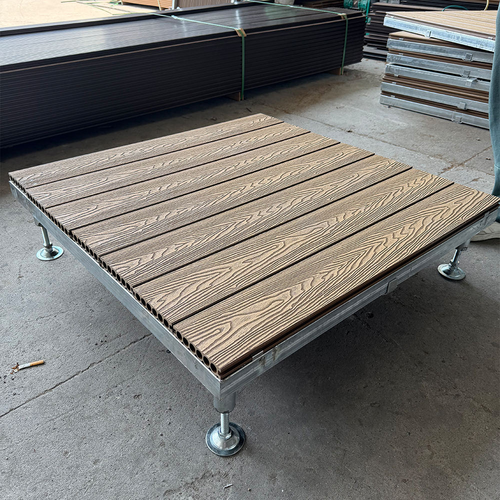 Portable Modular WPC Deck Platform, Quick Assembly Adjustable Height Outdoor Flooring Stage, Galvanized Steel Frame Interlocking WPC Deck Tiles for Event Stage, Camping, Backyard Patio