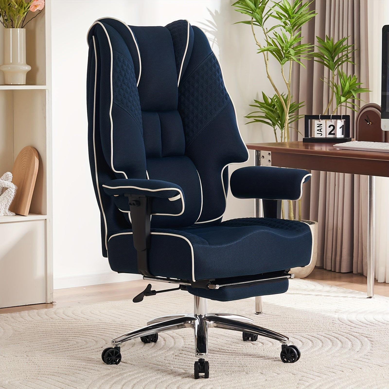 High Back PU Leather Executive Office Chair, 90‑145° Reclining Desk Chair with Retractable Footrest & Spring Cushion, Adjustable Armrest Computer Chair for Home Office