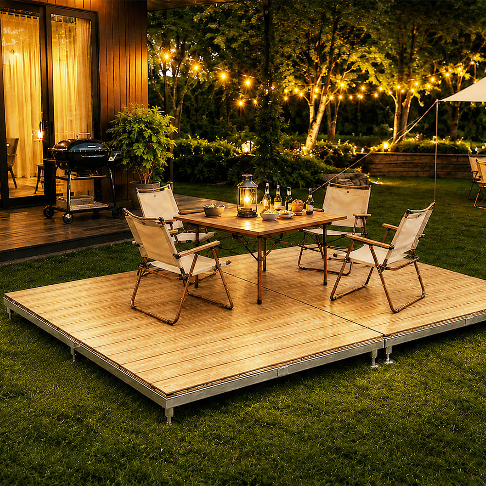 Portable Modular WPC Deck Platform, Quick Assembly Adjustable Height Outdoor Flooring Stage, Galvanized Steel Frame Interlocking WPC Deck Tiles for Event Stage, Camping, Backyard Patio